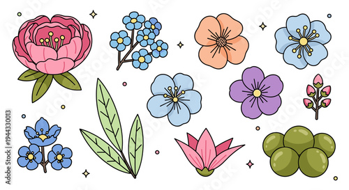 A vibrant collection of hand-drawn flowers and leaves in a playful, colorful style, ideal for nature-themed designs
