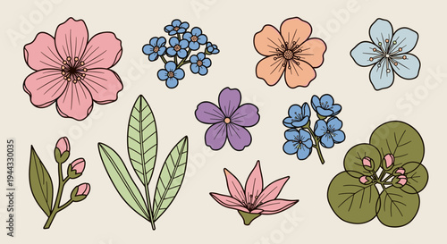 A colorful collection of various flowers and leaves in a flat design style, perfect for nature-themed projects