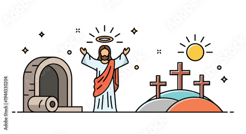A stylized illustration depicting Jesus with a halo, surrounded by crosses and a tomb, in a modern flat design