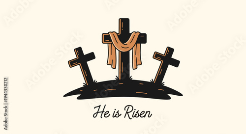 A serene illustration of three crosses on a grassy hill, featuring a minimalist style with a warm color palette, suitable for Easter themes