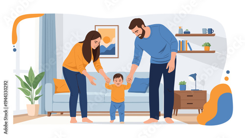 Happy parents helping their young toddler take first steps in a cozy living room, fostering a supportive family environment at home.