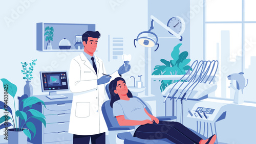 Friendly male dentist showing a tooth implant model to a female patient sitting in a modern dental chair for an oral health consultation.