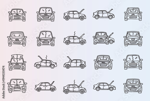 Collection of damaged cars with open hoods and cracked windshields illustration