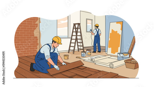 Construction workers in safety gear installing wooden flooring and painting walls during a professional home renovation and interior project.