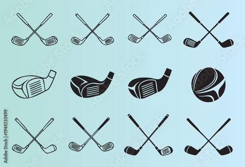 Collection of golf clubs and ball in flat design style