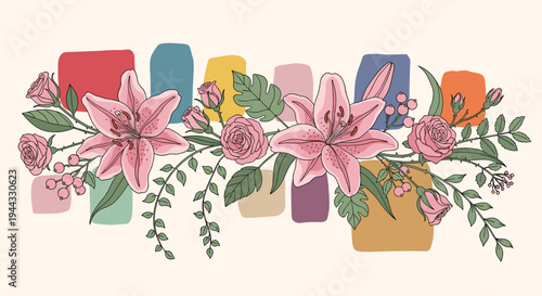 A vibrant floral arrangement featuring pink lilies and roses, complemented by colorful geometric shapes in a modern style