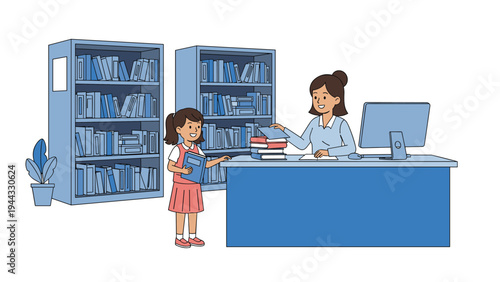 Kind librarian helping a young school girl borrow books from a shelf in a library setting with computers and various reading resources.