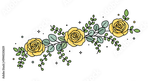 A beautiful floral arrangement featuring yellow roses and green leaves in a modern, elegant style
