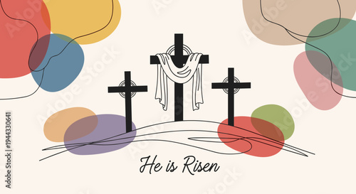 A serene illustration featuring two crosses with colorful abstract shapes, embodying a modern and uplifting Easter theme