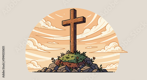 A wooden cross atop a rocky mound, surrounded by grass and flowers, illustrated in a vibrant, cartoon style
