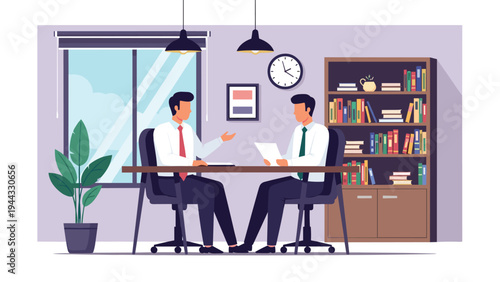 Two business professionals in formal attire discussing a project across a table in a modern office with a bookshelf and a large window view.