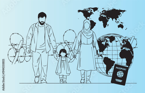 Family of refugees traveling with passports and global migration concept illustration