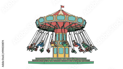 Large amusement park swing ride carousel with many people enjoying the thrill of rotating high in the air against a clean white background.