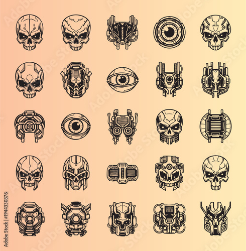 Futuristic robotic faces and mechanical eyes collection in retro style