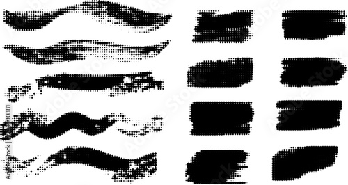 Japanese black ink brushstroke vector pack paint strips, circles, frames and texture highlights.