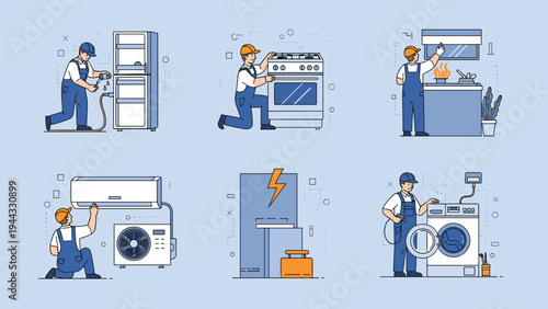 Skilled repairmen in blue uniforms fixing various household appliances like refrigerators, ovens, air conditioners, and washing machines.