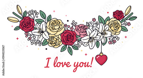 A vibrant floral arrangement featuring roses and lilies with the phrase 'I love you' in a modern, whimsical style