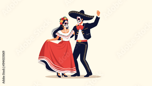 Mexican couple dressed in traditional Day of the Dead costumes dancing with sugar skull face paint to celebrate their heritage and life.