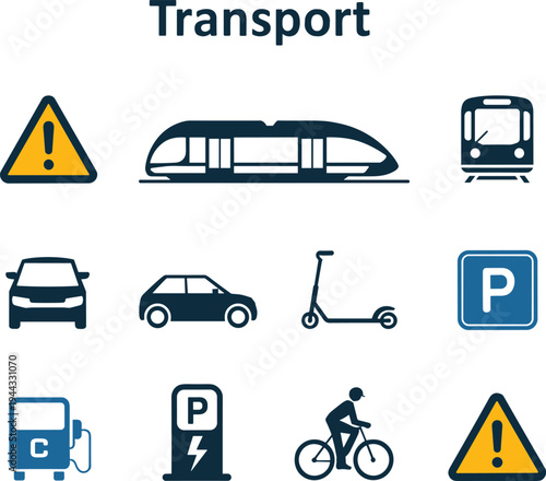 Modern transport icon set including train, subway, car, scooter, bicycle, parking, warning signs and electric charging station flat vector collection