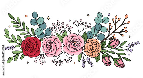 A vibrant floral arrangement featuring roses, leaves, and delicate accents in a modern flat style, ideal for invitations