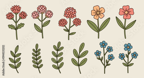 A vibrant collection of hand-drawn floral illustrations featuring various flowers and leaves in a modern style