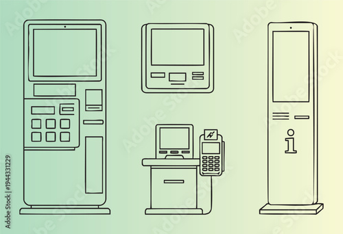 Modern selfservice kiosk and information terminal illustrations in flat design