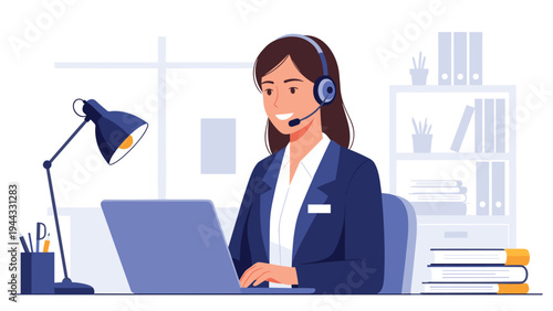 Smiling customer service representative with a headset working on her laptop in a bright office filled with books and professional items.