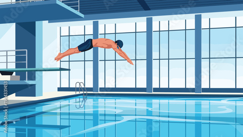 Professional male swimmer in a diving position about to enter a clean indoor swimming pool during a competitive training session.