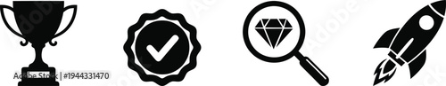 Silhouette icons of trophy checkmark magnifying glass and rocket ship on a white background