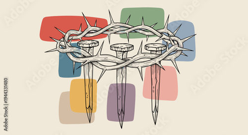 A detailed illustration of a crown of thorns with nails, featuring a modern, minimalist style against colorful abstract shapes