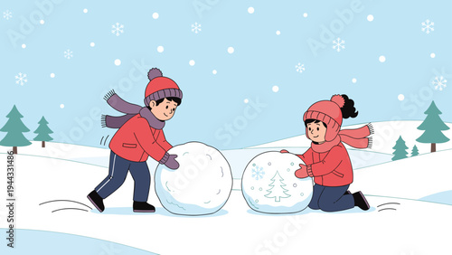 Two children in warm winter clothes joyfully building large snowballs outside in a snowy field with pine trees and falling snowflakes.