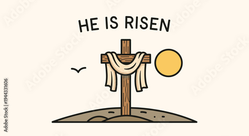A minimalist illustration of a cross with a cloth, featuring a sun and the text 'He is Risen', ideal for Easter themes
