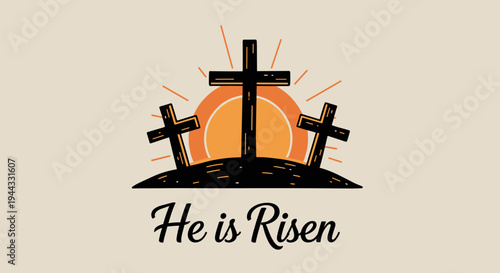 A serene illustration featuring three crosses against a rising sun, in a modern, flat style, symbolizing resurrection