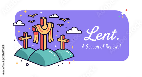 Illustration depicting crosses and birds, featuring a modern, colorful design representing the season of Lent