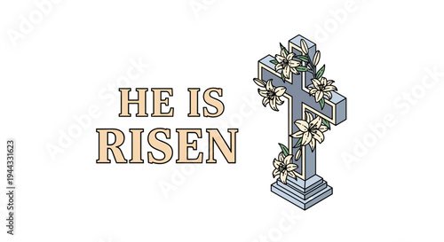 A decorative cross adorned with flowers and the phrase 'He Is Risen' in a modern outline style, ideal for Easter themes