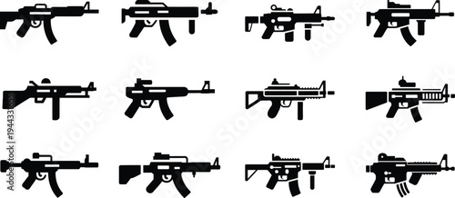 Assault rifle icons: collection of modern firearm symbols for design with white background with gun icon