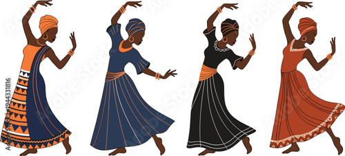 African Traditional Women Dance Set Cultural Tribal Female Dancers in Ethnic Costume Performing Folk Dance Vector Illustration