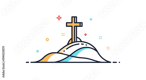 A vibrant illustration of a cross on rolling hills, featuring a modern flat design style, suitable for religious themes