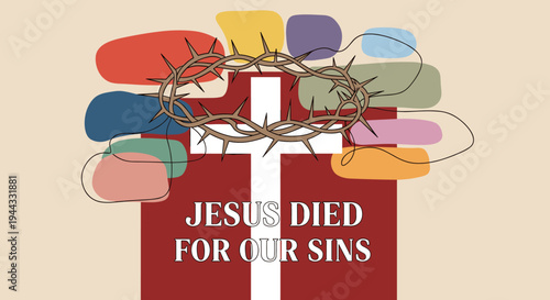A vibrant illustration featuring a cross and a crown of thorns, depicted in a modern, colorful style, conveying a religious theme