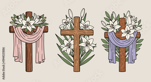 Three wooden crosses adorned with lilies and decorative ribbons in a modern, illustrative style