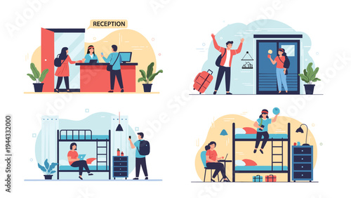 Diverse set of scenes showing students in a hostel lobby, during check-in, and relaxing on bunk beds while using their laptops and phones.