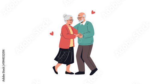 Loving senior couple dancing together with hearts floating around them to celebrate their long-term relationship and enduring affection.