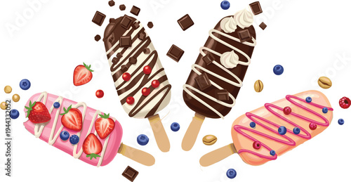 Assorted Ice Cream Popsicles with Chocolate Strawberry and Berry Toppings Sweet Frozen Dessert Collection Vector Illustration