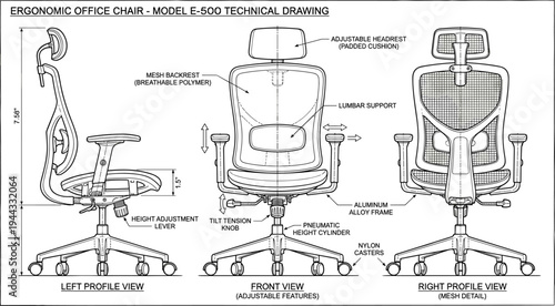 Ergonomic office chair technical drawing blueprint showing adjustable headrest, lumbar support, mesh backrest, height adjustment and rolling casters design