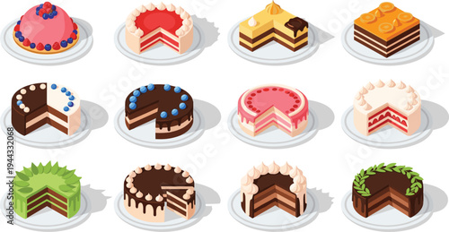 Cake Vector Illustration Set Featuring Various Flavors and Layers for Bakery, Dessert, and Food-Themed Designs