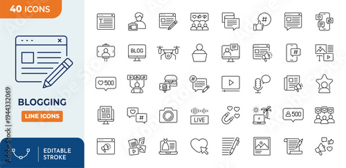 Blogging icon set. contain icons related to content, blogging, influencer, creation, vlogger, social media, digital marketing. and more. Editable stroke. Vector illustration