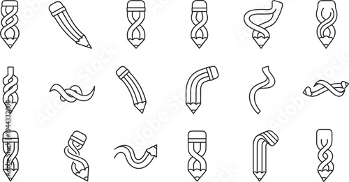 Creative Curved Pencil Line Icon Set Featuring Twisted, Wavy, and Bending Pencil Shapes for Drawing, Design Tools, Creativity Concepts, and Artistic Illustration Elements