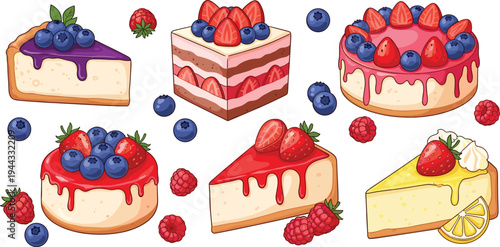 Cheesecake Vector Illustration Set with Fresh Berries and Fruit Toppings for Dessert, Bakery, and Food-Themed Designs