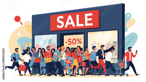 Large group of diverse people rushing into a store with a big sale sign offering fifty percent discount on various products.