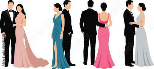 Elegant couples wearing formal evening gowns and tuxedos illustration showing stylish men and women at gala or luxury event